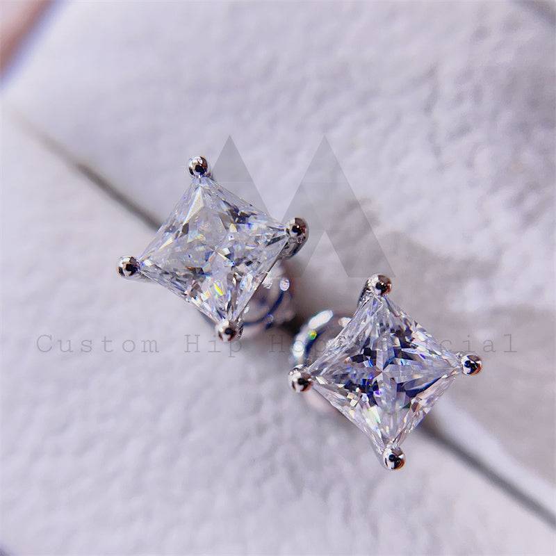 Hip hop jewelry featuring 1CT Princess Cut Moissanite Earrings with Screw Back in 10K White Gold that pass diamond tester3