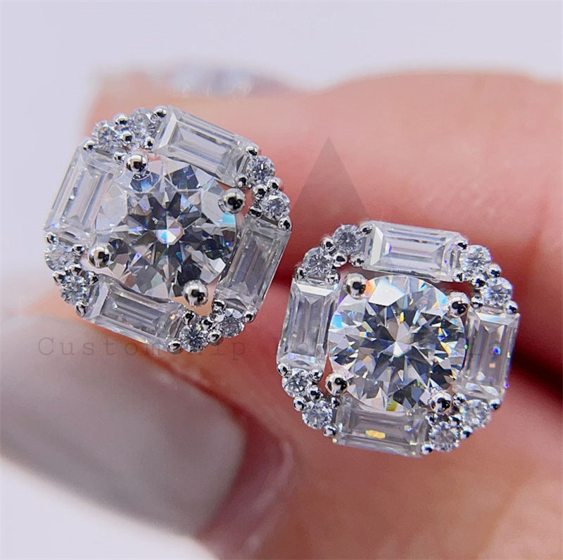 Hip hop jewelry with 9MM VVS Moissanite, diamond tester approved, baguette and round moissanite studs3