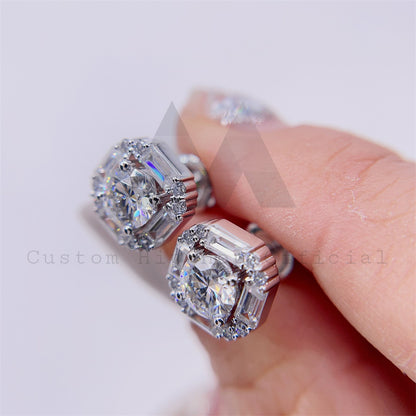 Hip hop jewelry with 9MM VVS Moissanite, diamond tester approved, baguette and round moissanite studs1