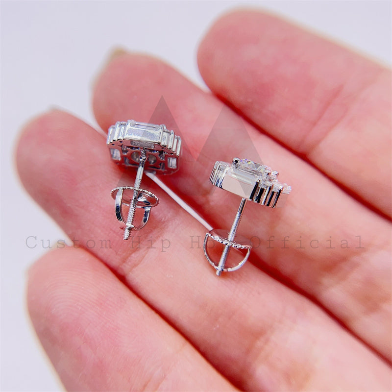 Hip hop jewelry with 9MM VVS Moissanite, diamond tester approved, baguette and round moissanite studs2