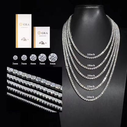 Hot Sell Iced Out Hip Hop GRA Certificated Silver Silver 2MM 3MM 4MM 5MM 6.5MM Moissanite Tennis Chain