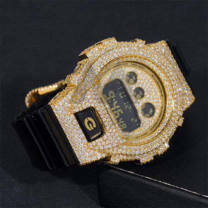 925 Solid Silve Gold Plated Fully Iced Out Casio Moissanite Diamond Watch For Model DW6900