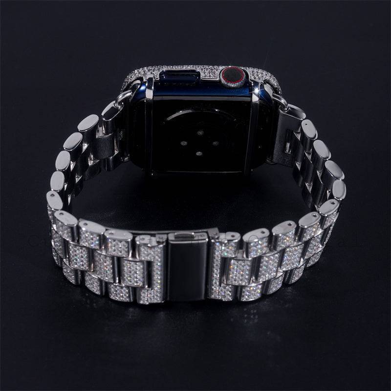 925 Sterling Silver Iced Out Moissanite Diamond Apple Watch Case And Band