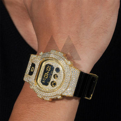 925 Solid Silve Gold Plated Fully Iced Out Casio Moissanite Diamond Watch For Model DW6900