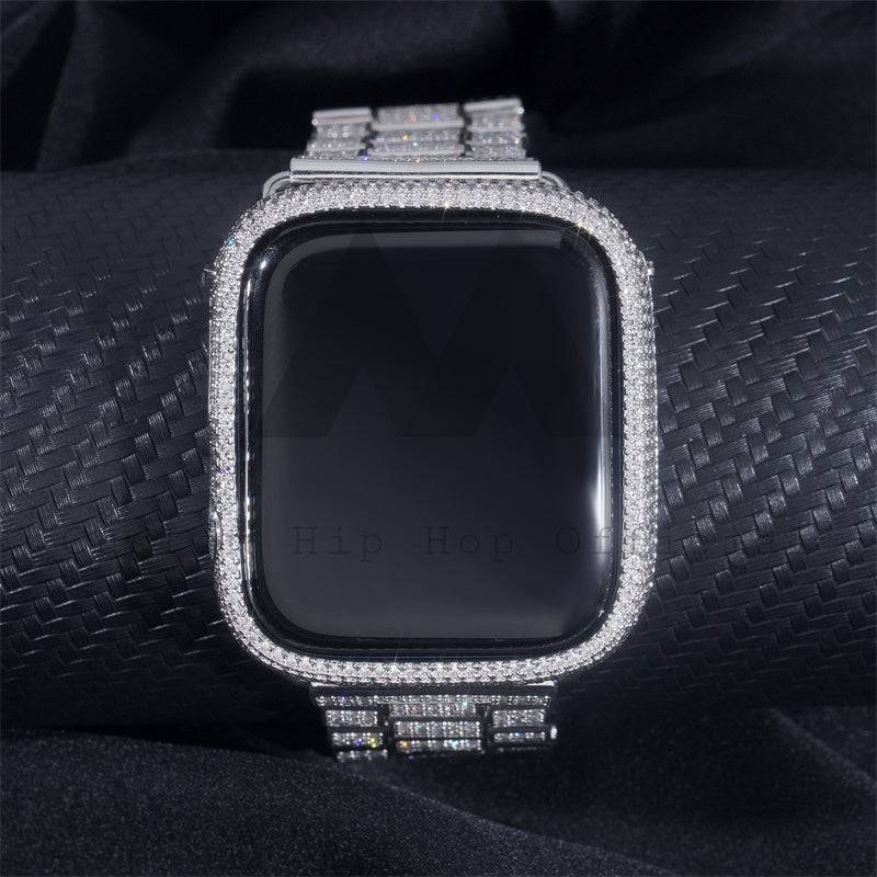 925 Sterling Silver Iced Out Moissanite Diamond Apple Watch Case And Band