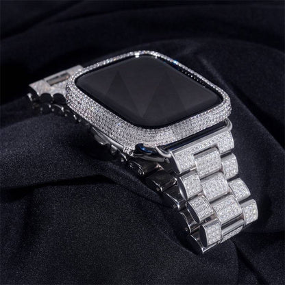 925 Sterling Silver Iced Out Moissanite Diamond Apple Watch Case And Band