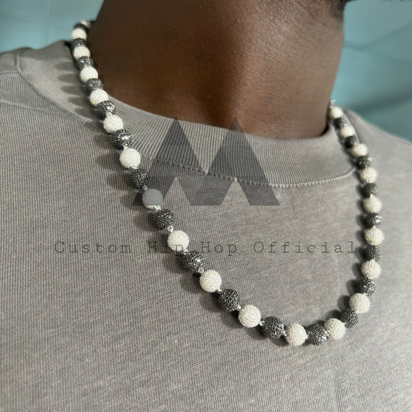 8mm iced out black and white moissanite ball rosary chain in hip hop style0