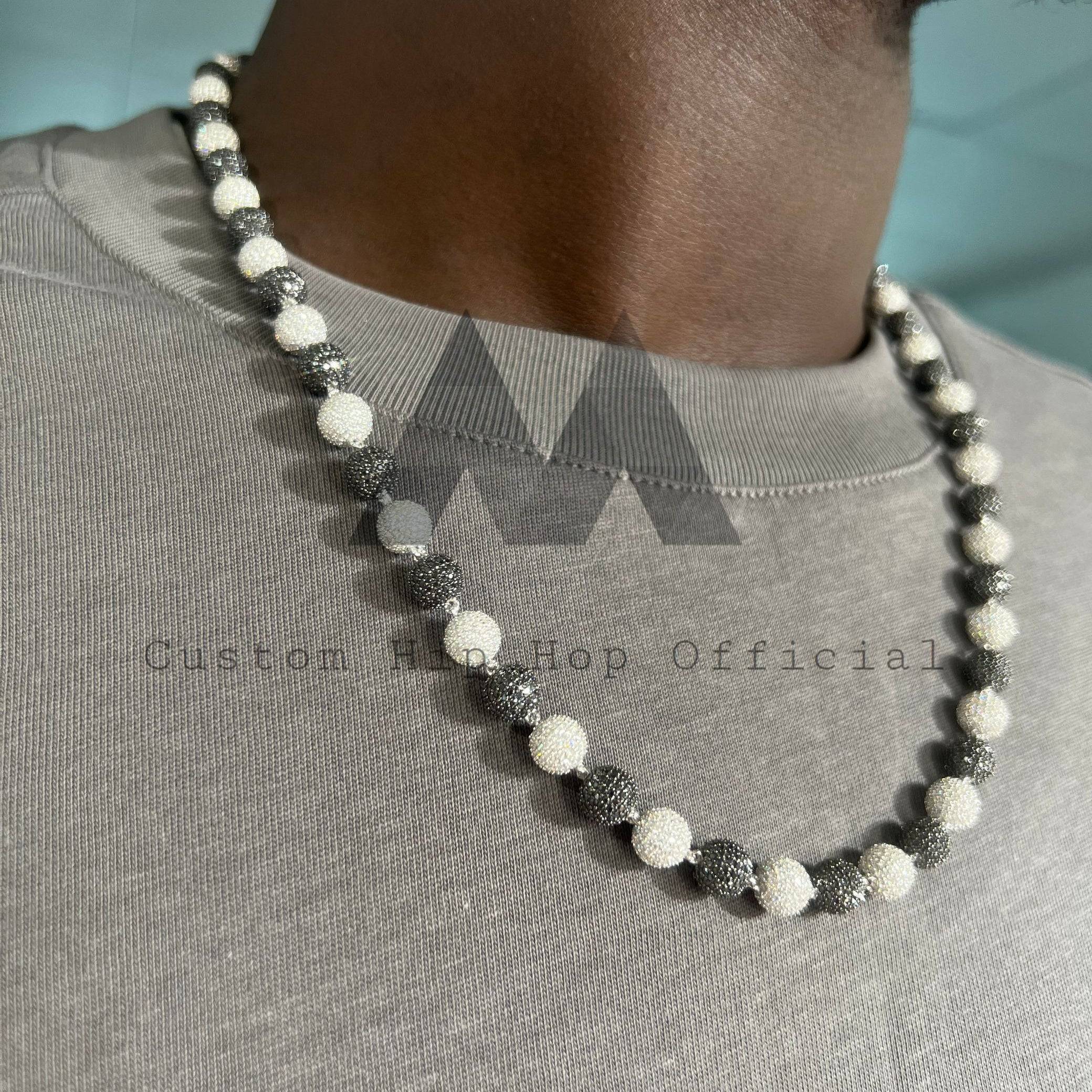 8mm iced out black and white moissanite ball rosary chain in hip hop style