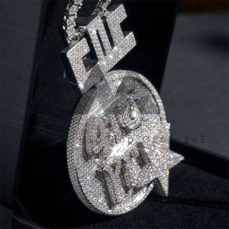 Iced out moissanite diamond silver hip hop jewelry with custom name pendant in circle style, 2.5 inch width, fit for 15mm Cuban chain4