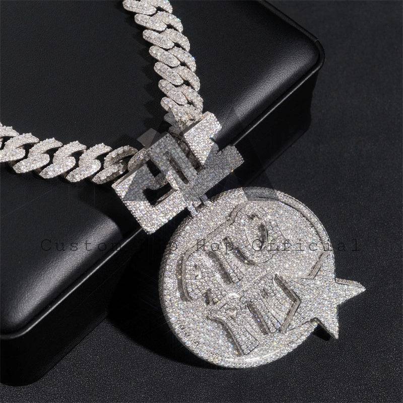 Iced out moissanite diamond silver hip hop jewelry with custom name pendant in circle style, 2.5 inch width, fit for 15mm Cuban chain2