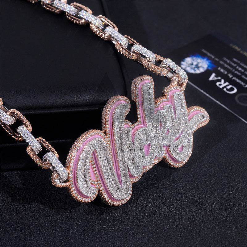 Custom Name Pink Enamel Vicky Chain With Box Link Chain Rose Gold Two Tone Moissanite Diamond