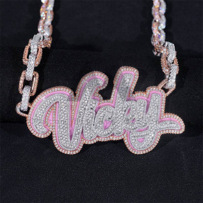 Custom Name Pink Enamel Vicky Chain With Box Link Chain Rose Gold Two Tone Moissanite Diamond