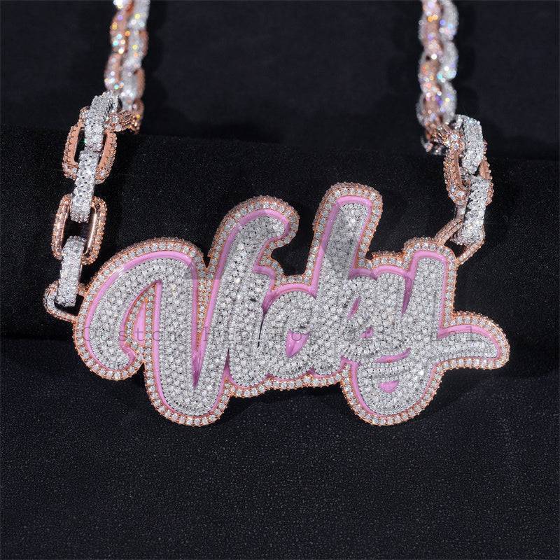 Custom Name Pink Enamel Vicky Hip Hop Jewelry with Box Link Chain in Rose Gold Two Tone Moissanite Diamond