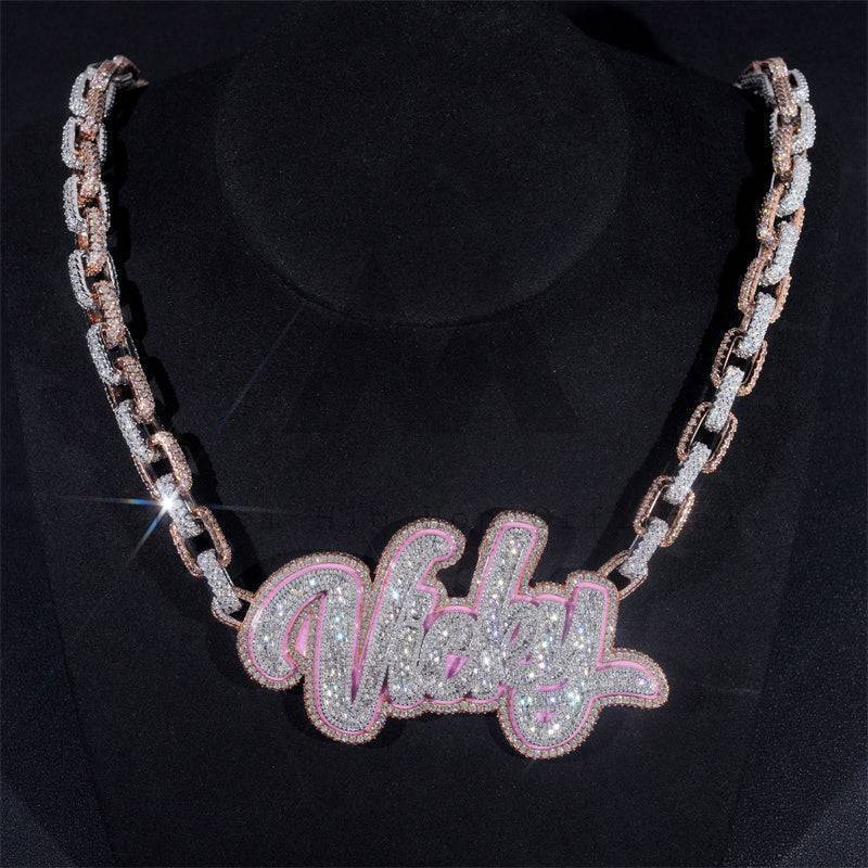 Custom Name Pink Enamel Vicky Chain With Box Link Chain Rose Gold Two Tone Moissanite Diamond