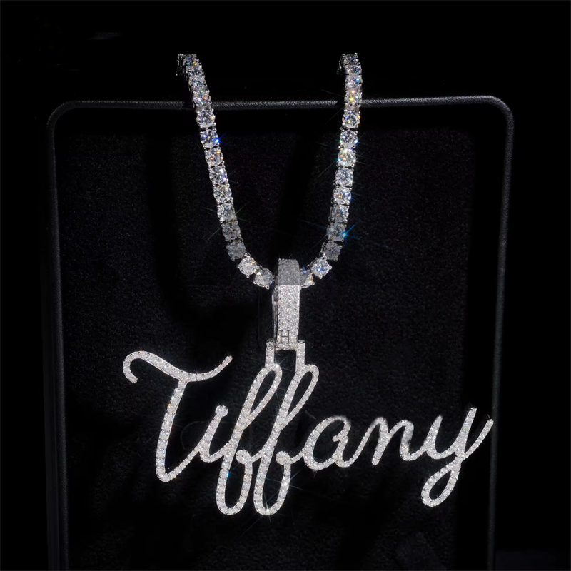 Custom made iced out cursive font name hip hop jewelry chain Tiffany fit for 4MM tennis chain4