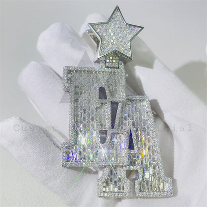 Sterling Silver 925 Hip Hop Custom Made 2.5" Tall Star Bail EA Name Letter Pendant VVS Baguette Moissanite Diamond Pendant