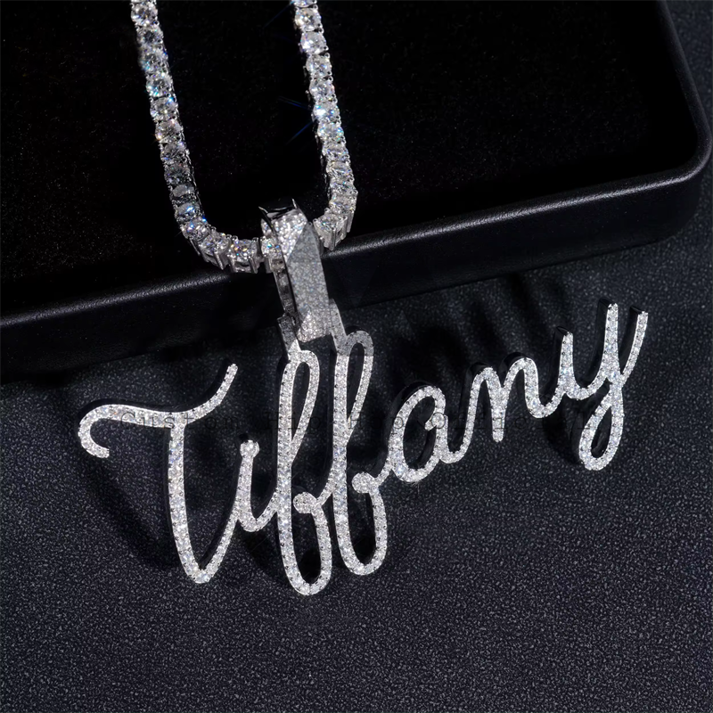 Custom made iced out cursive font name hip hop jewelry chain Tiffany fit for 4MM tennis chain2