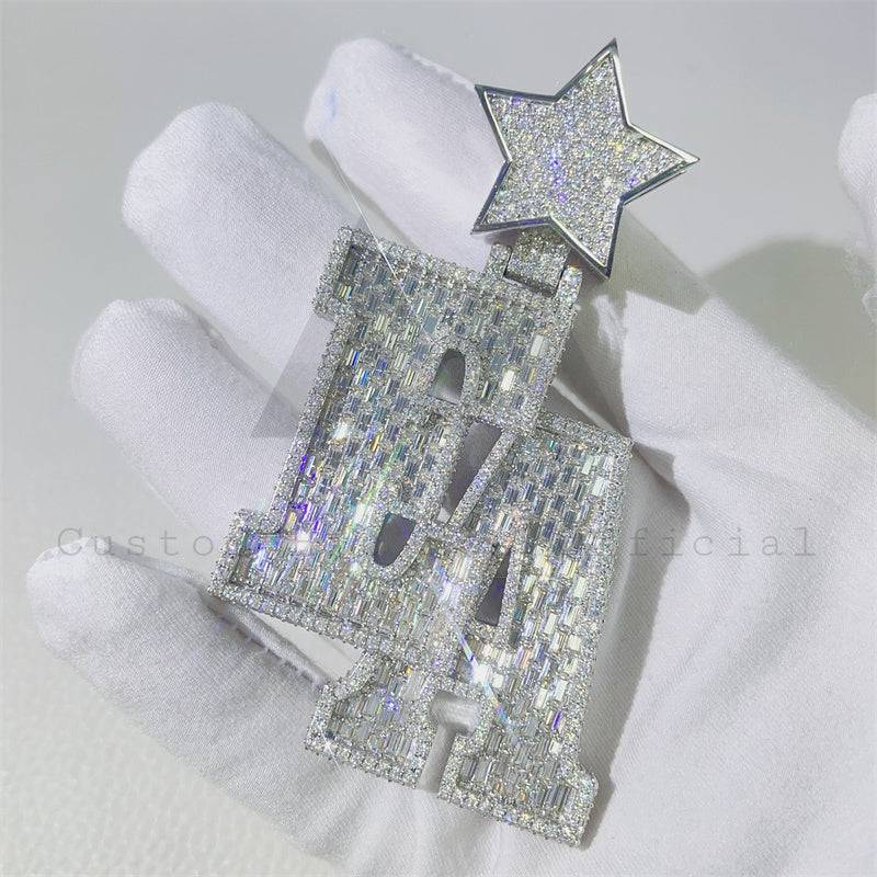 Sterling Silver 925 Hip Hop Custom Made 2.5" Tall Star Bail EA Name Letter Pendant VVS Baguette Moissanite Diamond Pendant