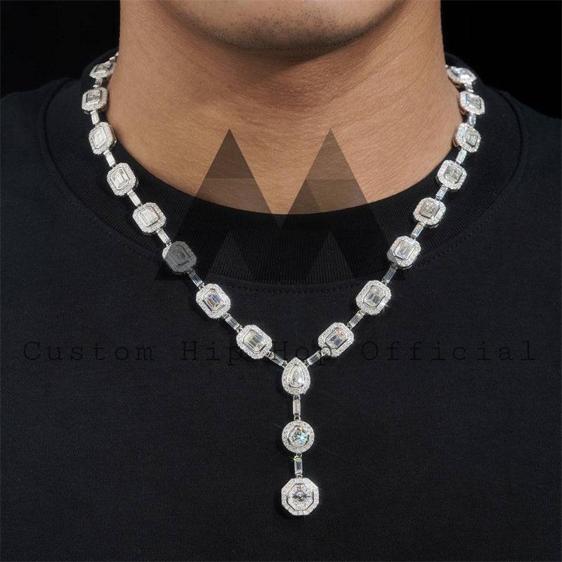 Stylish iced out hip hop jewelry featuring halo diamond style bezel setting with moissanite diamond necklace and drop part3