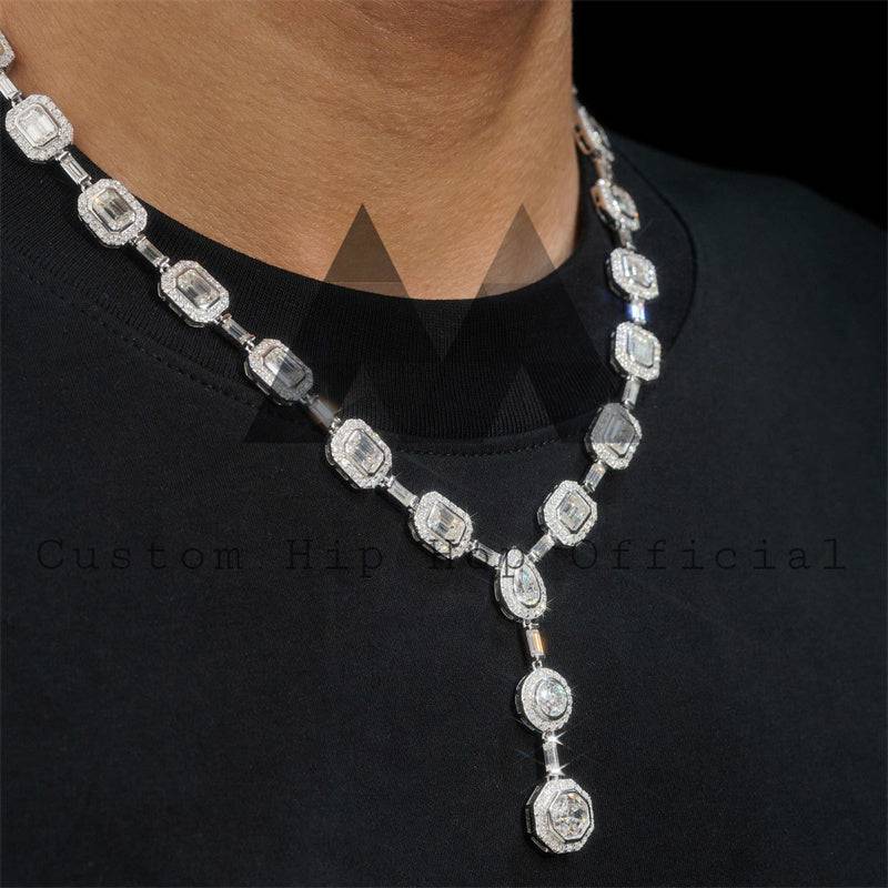 Stylish iced out hip hop jewelry featuring halo diamond style bezel setting with moissanite diamond necklace and drop part1