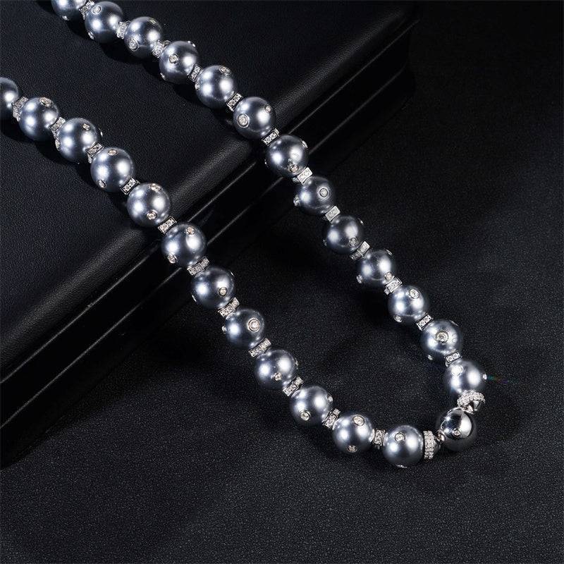 Men's 13MM Moissanite Diamond Hip Hop Necklace with Gray Pearl Link Chain