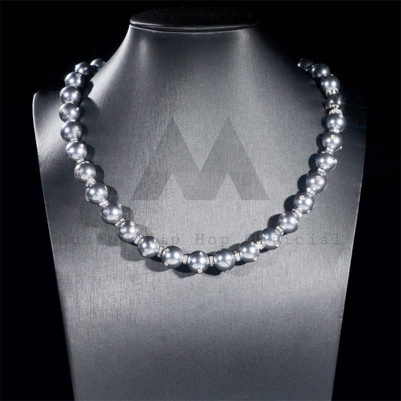 Men's 13MM Moissanite Diamond Hip Hop Necklace with Gray Pearl Link Chain