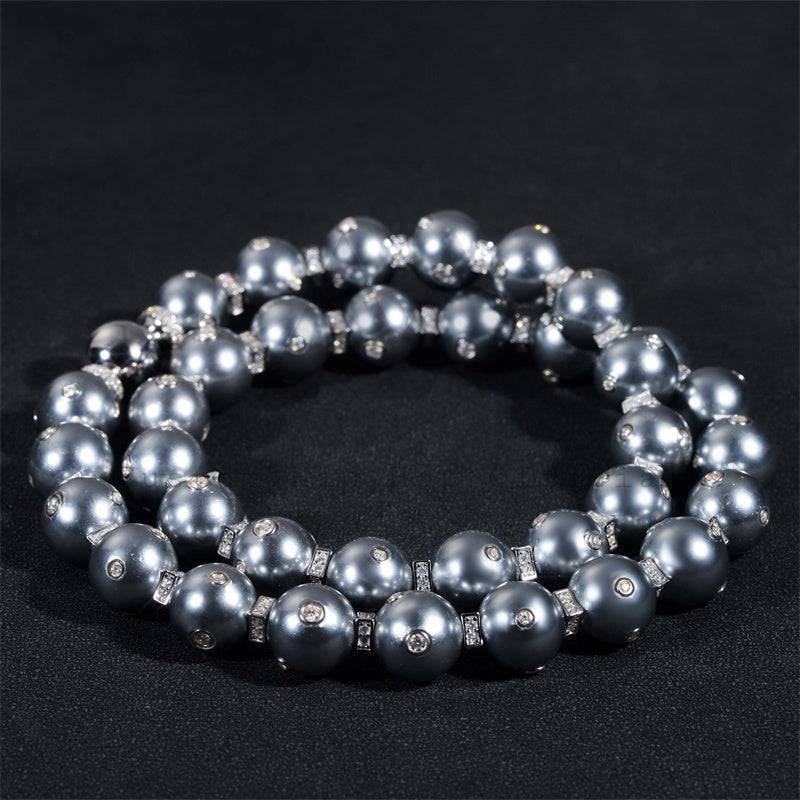 Men's 13MM Moissanite Diamond Hip Hop Necklace with Gray Pearl Link Chain