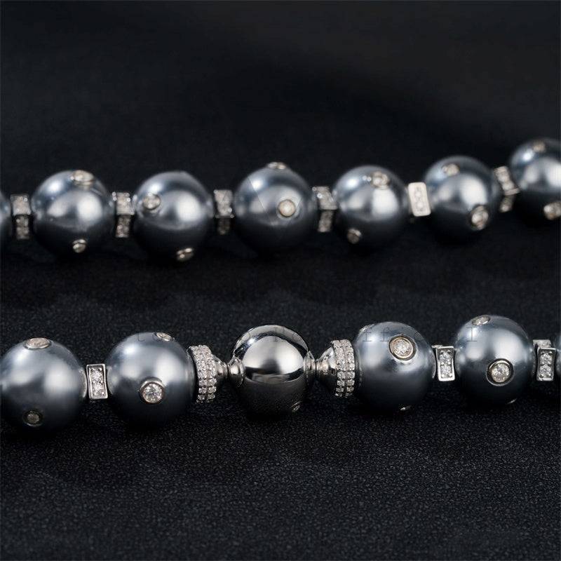 Men's 13MM Moissanite Diamond Hip Hop Necklace with Gray Pearl Link Chain