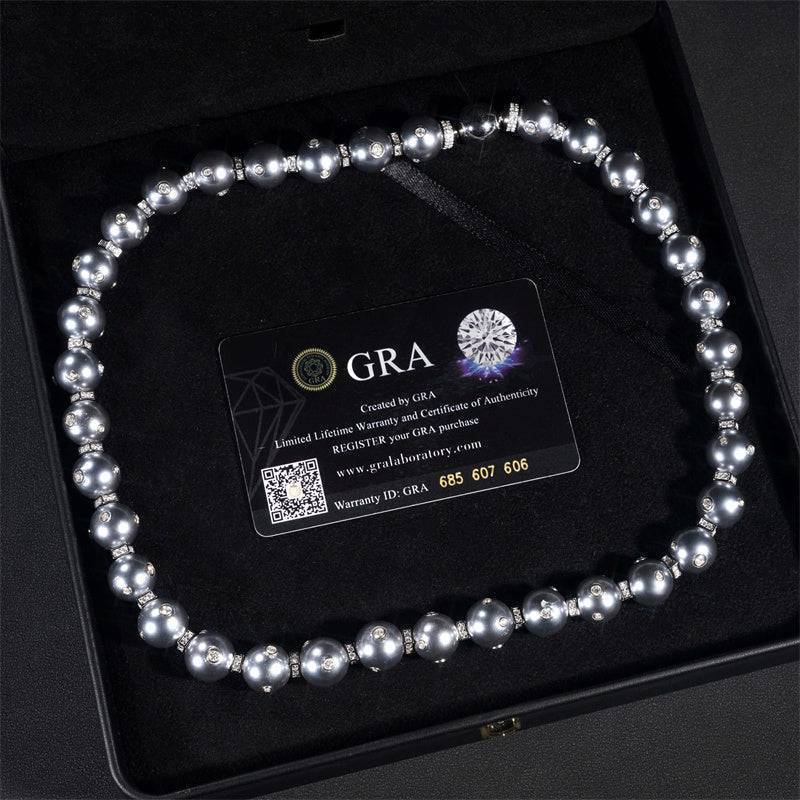 Men's 13MM Moissanite Diamond Hip Hop Necklace with Gray Pearl Link Chain