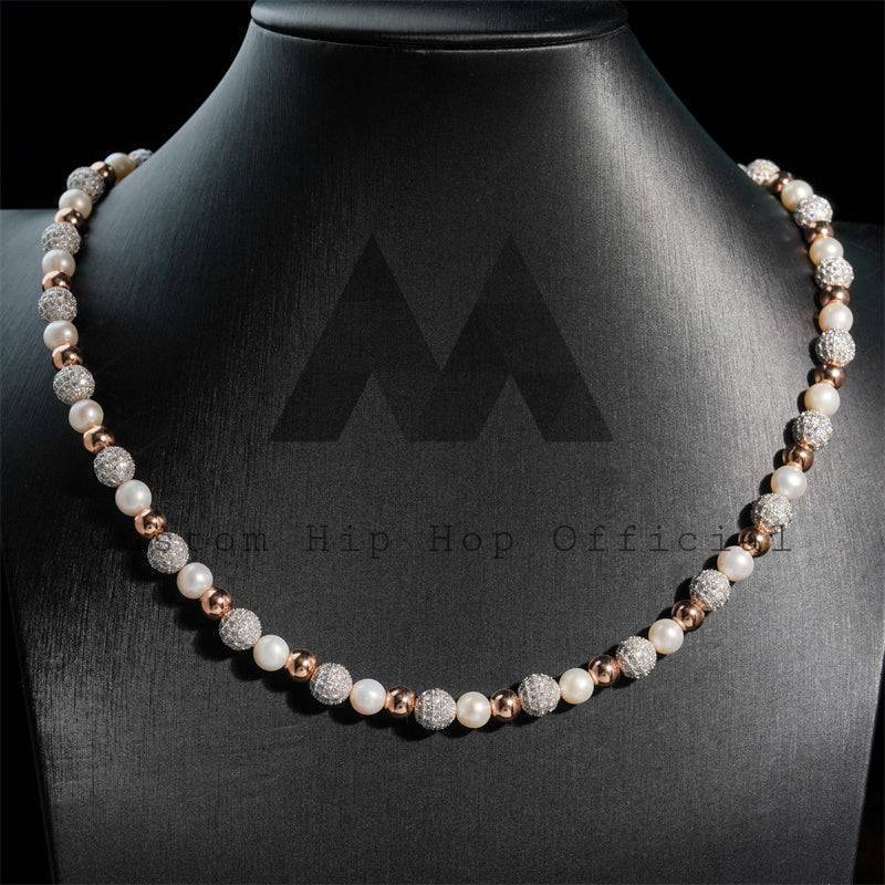 8MM Rose Gold Plated Iced Moissanite Diamond Pearl Necklace