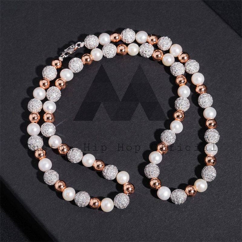 8MM Rose Gold Plated Iced Moissanite Diamond Pearl Necklace