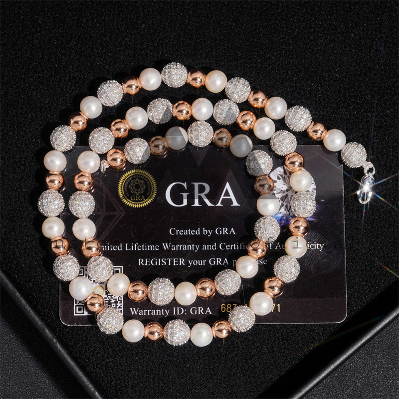 8MM Rose Gold Plated Iced Moissanite Diamond Pearl Necklace1