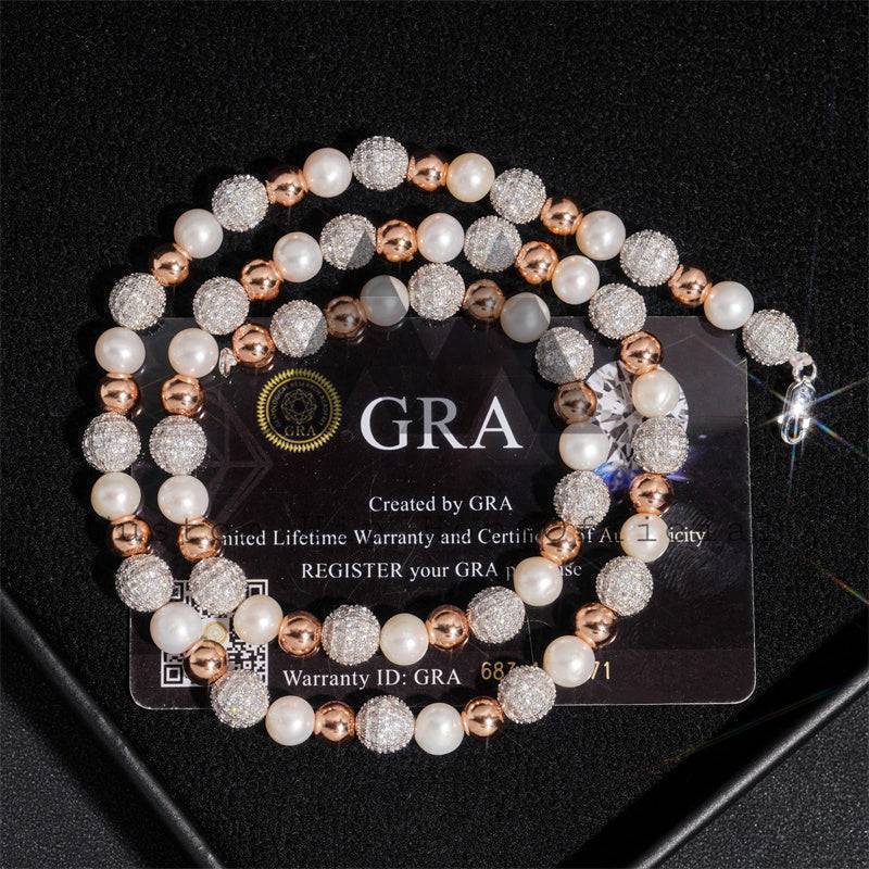 8MM Rose Gold Plated Iced Moissanite Diamond Pearl Necklace