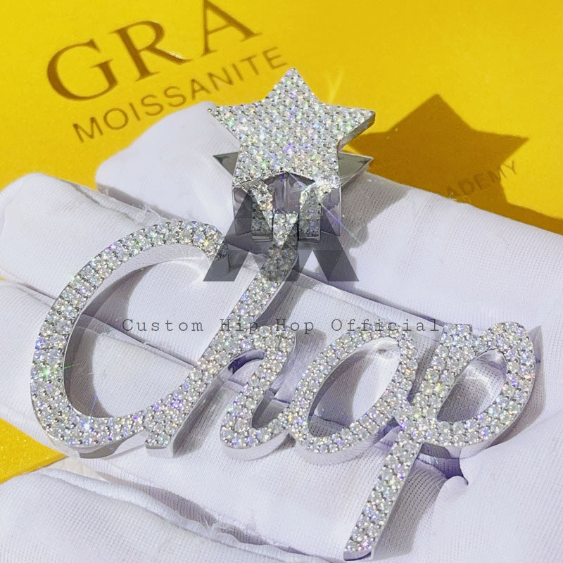 Star Bail Custom Name Chop Pendant VVS Moissanite Diamond Fit for 4MM Tennis Chain