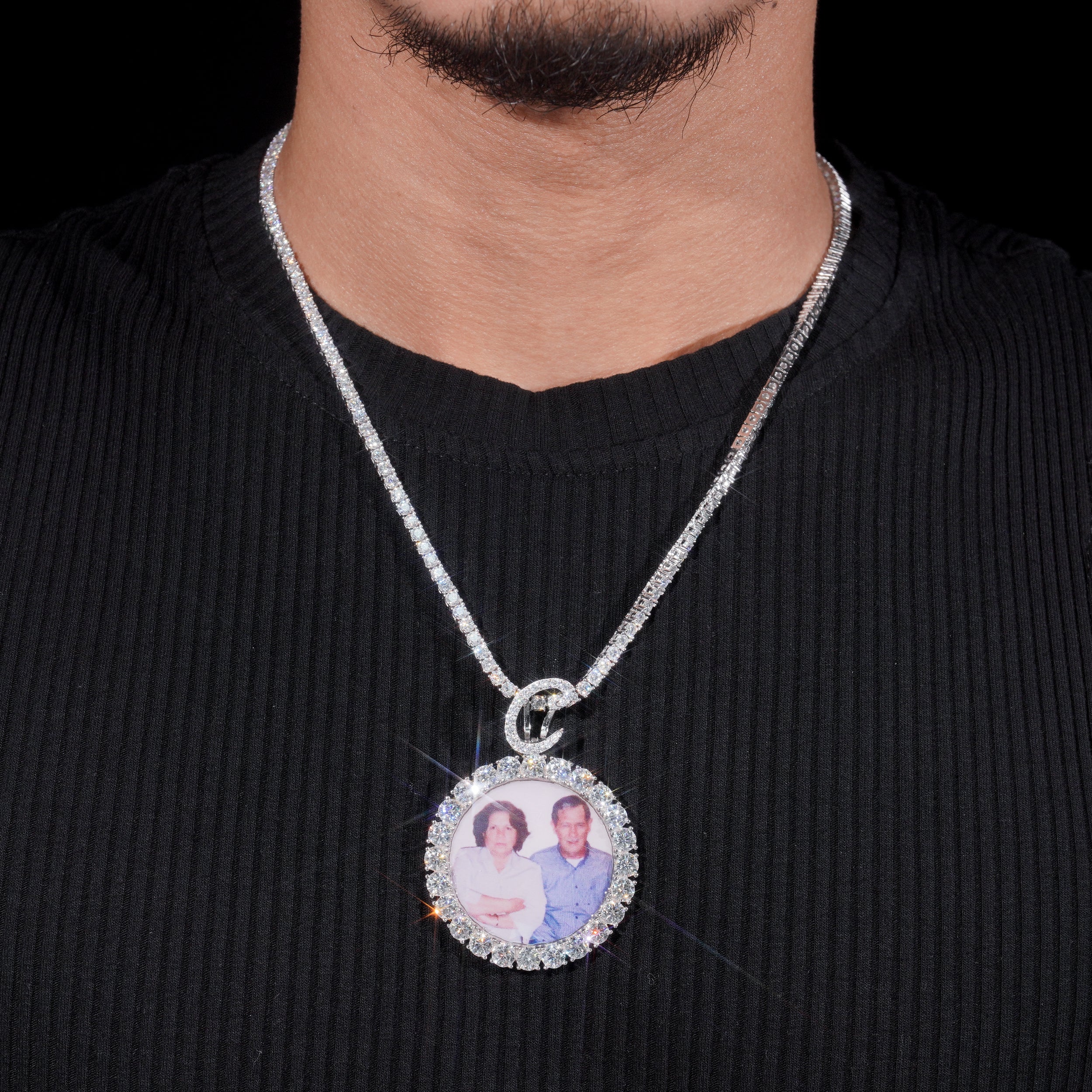 Custom Made 45MM Photo Memory Pendant VVS Moissanite Diamond Match 4MM Tennis Chain