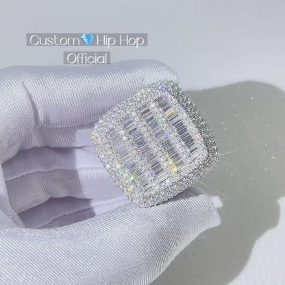 Мужское кольцо из стерлингового серебра 925 пробы с квадратным льдом и бриллиантами багетной огранки VVS Moissanite Diamond