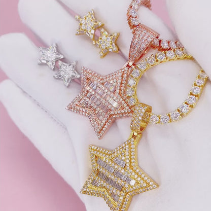 Pingente em forma de estrela de David em prata esterlina 925 com conjunto de brincos VVS joias de moissanite para mulheres