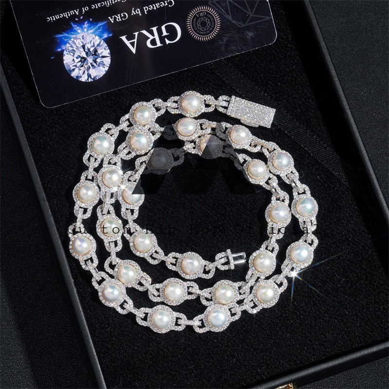 925 Solid Silver 10MM Iced Out Link Pearl Chain for Men Rapper Street Fashion5