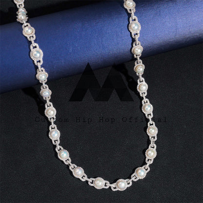 925 Solid Silver 10MM Iced Out Link Pearl Chain for Men Rapper Street Fashion2