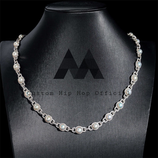 925 Solid Silver 10MM Iced Out Link Pearl Chain for Men Rapper Street Fashion3