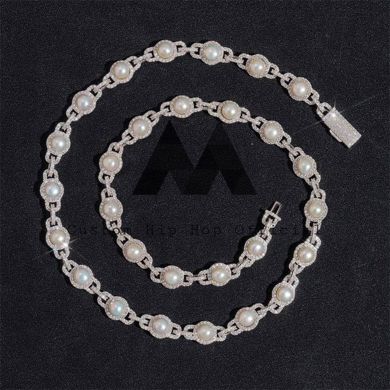925 Solid Silver 10MM Iced Out Link Pearl Chain for Men Rapper Street Fashion1