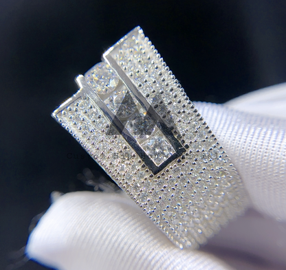 Anel masculino de diamante de prata sólida banhado a ouro branco VVS Moissanite