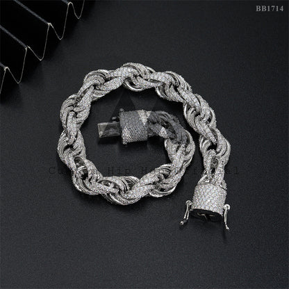 Hip Hop 10MM Iced Out VVS 3D Fully VVS Moissanite Rope Bracelet 925 Silver