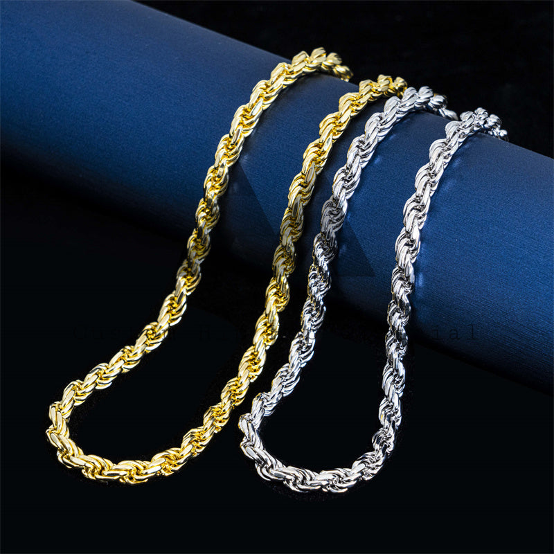 Corrente de corda de prata esterlina de 6 mm em ouro branco e amarelo com trava de moissanite