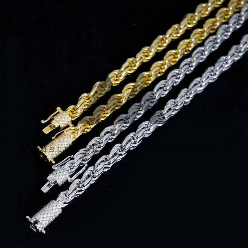 Hip hop jewelry featuring white gold, yellow gold, 6mm sterling silver rope chain with moissanite lock3