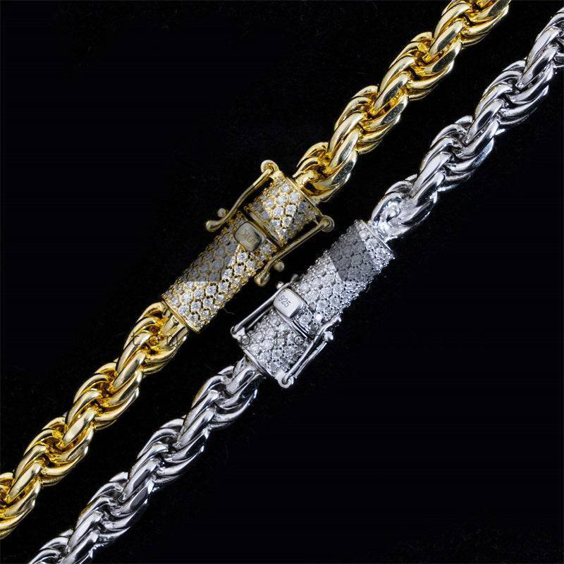 Hip hop jewelry featuring white gold, yellow gold, 6mm sterling silver rope chain with moissanite lock2