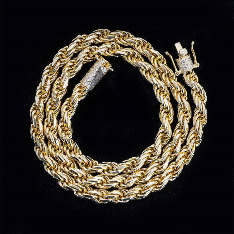 Hip hop jewelry featuring white gold, yellow gold, 6mm sterling silver rope chain with moissanite lock0