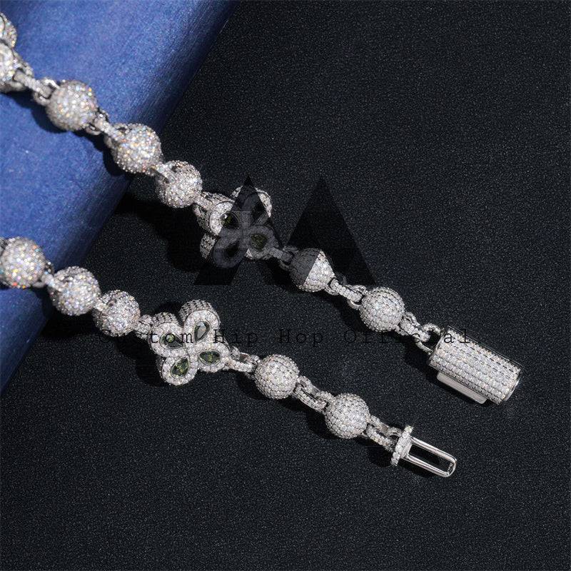 White Gold Sterling Silver Moissanite Iced Out 8MM Rosary Ball Chain With Clover Flower