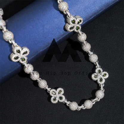 White Gold Sterling Silver Moissanite Iced Out 8MM Rosary Ball Chain With Clover Flower