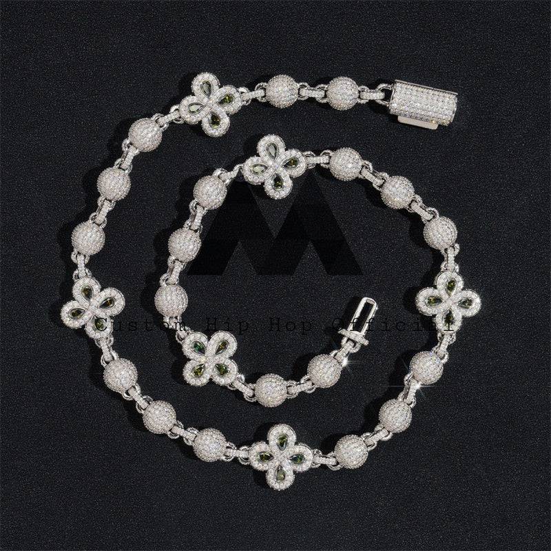 White Gold Sterling Silver Moissanite Iced Out 8MM Rosary Ball Chain With Clover Flower